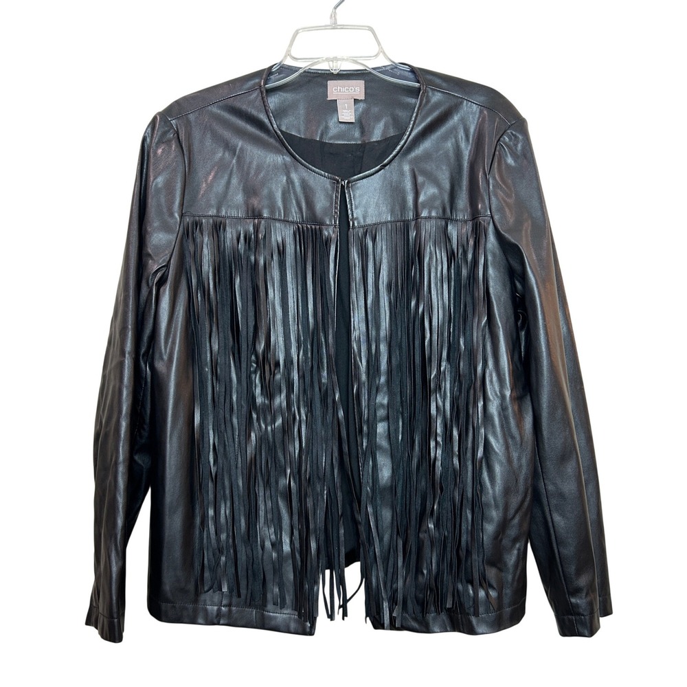 Chico's Fringe Faux Leather Jacket Womens 1 Black Collarless Western Edgy Chic